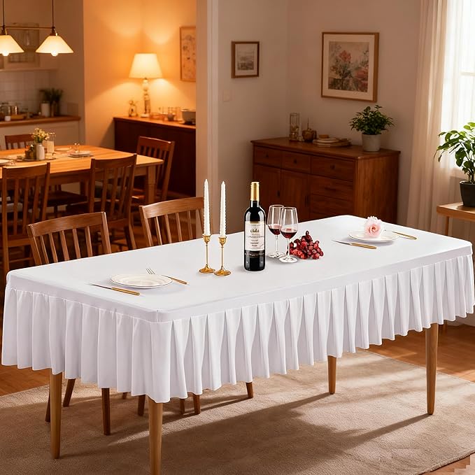 Wish Care White Spandex Table Clothes for 4 Foot Rectangle Tables Wrinkle Free Stretch Fitted Tablecloth 4ft Pleated Ruffle Elastic Table Cover Skirt for Banquet Dining Outdoor Home Party Tablecloth