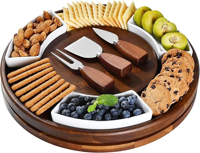 Shanik Acacia Wood Lazy Susan Cheese Board Set ??Rotating Charcuterie Platter, Elegant Serving Tray for Appetizers, Snacks, Parties & Weddings