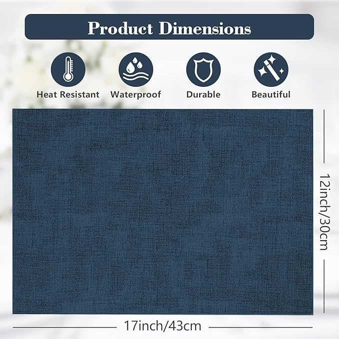 JUCCWARM Faux Leather Placemats Set of 6,Heat Resistant Placemats for Dining Table, Easy Clean Non-Slip Place Mats, Waterproof Stain Resistant Wipeable Washable PU Table Mats, (Navy Blue)