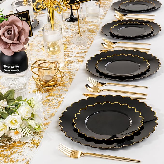 SUT 72 PCS Black Plastic Plates with Gold Rim, plates Disposable Heavy Duty, 10.25 inch plastic Dinner Plate, black Disposable plate for Party