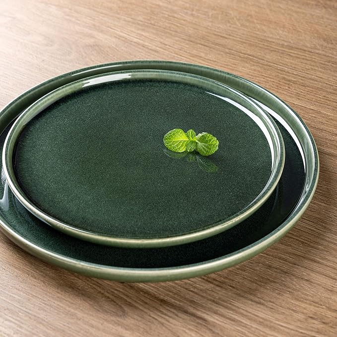 GBHOME Ceramic Dinnerware Sets for 4, 12 Pieces Stoneware Plates and Bowls Sets, Scratch Resistant Dishes, Dishwasher & Microwave Safe, Reactive Glaze-Earth Green