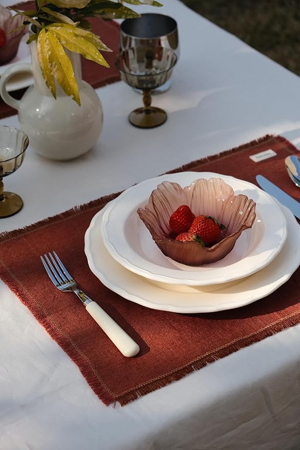 Noalumea 100% Linen Placemats Set of 4 ??Thick Terracotta Table Mats with Hand-Frayed Edges, Machine Washable, Elegant Dining Table Decor for Everyday Meals & Holiday Gatherings, 14 x 19 Inch