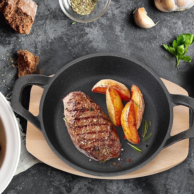 Sliner 4 Sets Mini Cast Iron Skillet Small Cast Iron Plates Skillet with Wooden Base Small Round Pan Fajita Plate Pot for Baking Cooking(6.3 Inches)