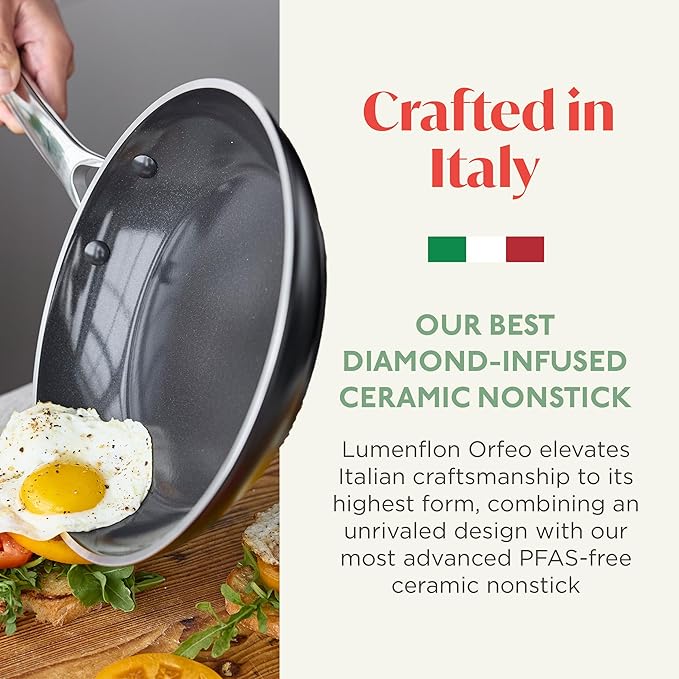 Orfeo 11??Nonstick Frying Pan, Made in Italy, Diamond Ceramic PFAS-Free Cookware, Induction Ready, Scratch Resistant, Laser-Fused Surface for Durability, Dishwasher Safe, Black