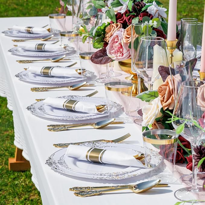 Nervure 350PCS Gold Plastic Dinnerware - White and Gold Disposable Plates for 50 Guests - 100 White Disposable Plates, 150 Plastic Silverware, 50 Cups, 50 Napkins for Wedding & Party