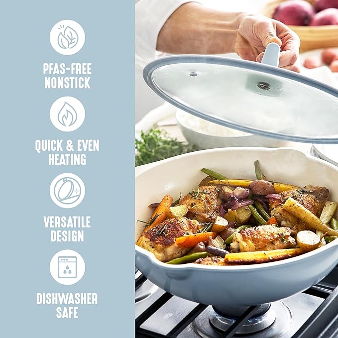 GreenLife Nonstick 12??(5QT) All in One Deep Skillet Wok with Lid, PFAS-Free Non-Toxic Ceramic Multi-Purpose Pan, Induction, All Stovetop, Egg, Stir Fry, Saute, Stay Cool Handle, Blue Haze