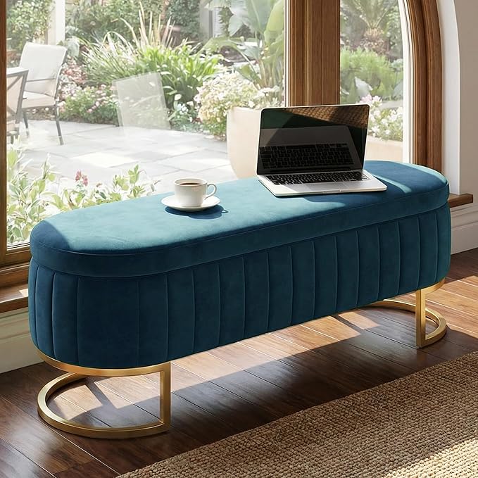 VIROL 51 Inch Storage Ottoman Bench Velvet End of Bed Storage Bench King Size Upholstered Tufted Bench Large Space for Bedroom Living Room Entryway Dark Blue