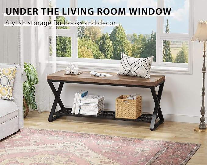 LVB Entryway Shoe Bench with Storage, 39??Entryway Bench for Foyer Hallway, Farmhouse Wood and Metal Indoor Bench for Entrance, Shoe Rack Storage Bench with Sitting for Living Room, Rustic Oak, 39 in