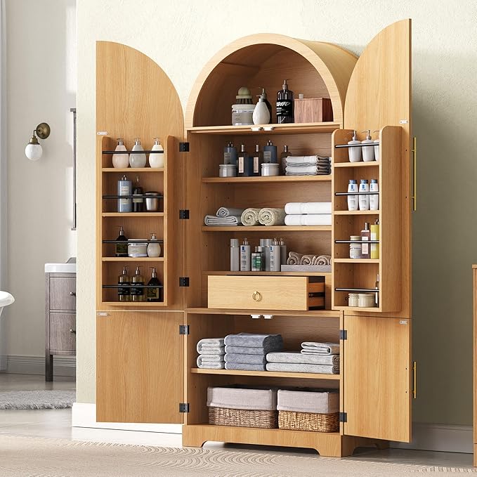 72" Tall Arched Kitchen Pantry Cabinet, Fluted Storage Cabinets with Hidden Drawer and 3 Adjustable Shelves, Cupboard with Door Shelves for Kitchen, Dining and Bathroom, Natural Wood