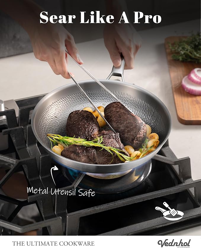 Titanium Pan, 12 Inch Pure Titanium Hammered Pro with Lid, Non Stick Skillet for Cooking, Non-Toxic, PFAS/PFOA/PTFE Free Cookware, Dishwasher&Oven Safe, Kitchen Induction Compatible