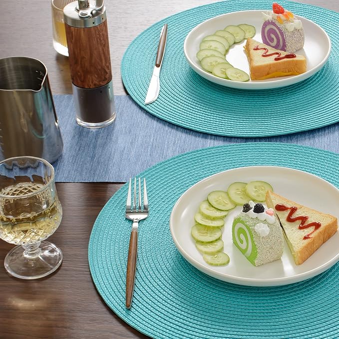 FunWheat Round Braided Placemats Set of 4 Table Mats for Dining Tables Woven Washable Non-Slip Place mats 15inch (Turquoise, 4pcs)
