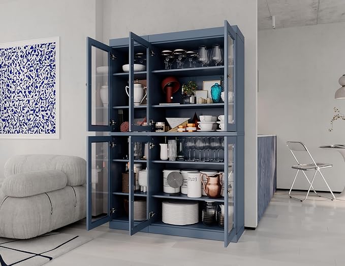 Palace Imports 100% Solid Wood 48.5" Pantry China Cabinet with Clear Glass Doors and Adjustable Shelves (Antique Blue)