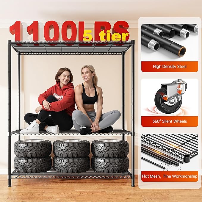 REIBII 45''W Storage Shelves Waterproof Metal Shelving with Cover Dustproof, Wire Shelving Unit Covers & Wheels Garage Storage Rack Wire Shelf for Kitchen Pantry, Storage Room, 45Wx17.72Dx72.83H