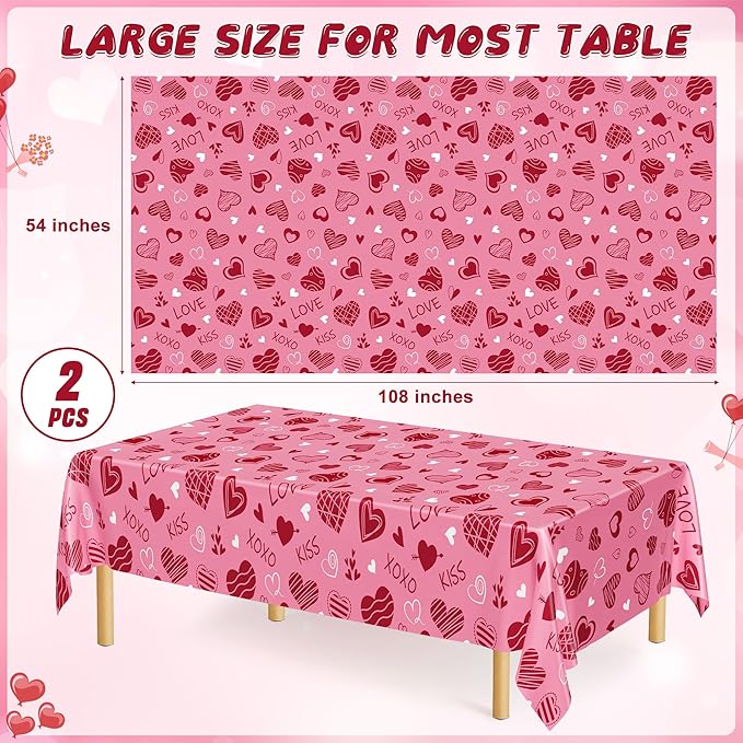 2 Pack Valentines Tablecloth, Disposable Romantic Love Tablecloths, 54" X 108" Plastic Valentines Decorations, Red Pink Galentines Decorations, Heart-shaped Table Cloths for Love Engagement Party