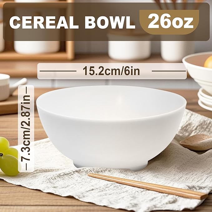 12 Sets 6 Inch Cereal Bowls - 26 Oz Unbreakable Lightweight White Soup Bowls Set Dishwasher Safe For Fruit Salad Kitchen Ramen Mixing Scratch Resistant Reusable Gift For Wedding Home Everyday Use