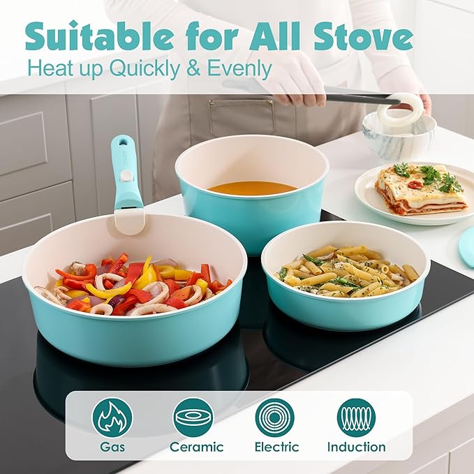SENSARTE 24 Piece Ceramic Pots and Pans Set, Nonstick Detachable Handle Cookware, Induction Cookware Set with Removable Handle, Healthy Non Stick for RV, Dishwasher竊냀ven Safe, PFOA Free (Turquoise)