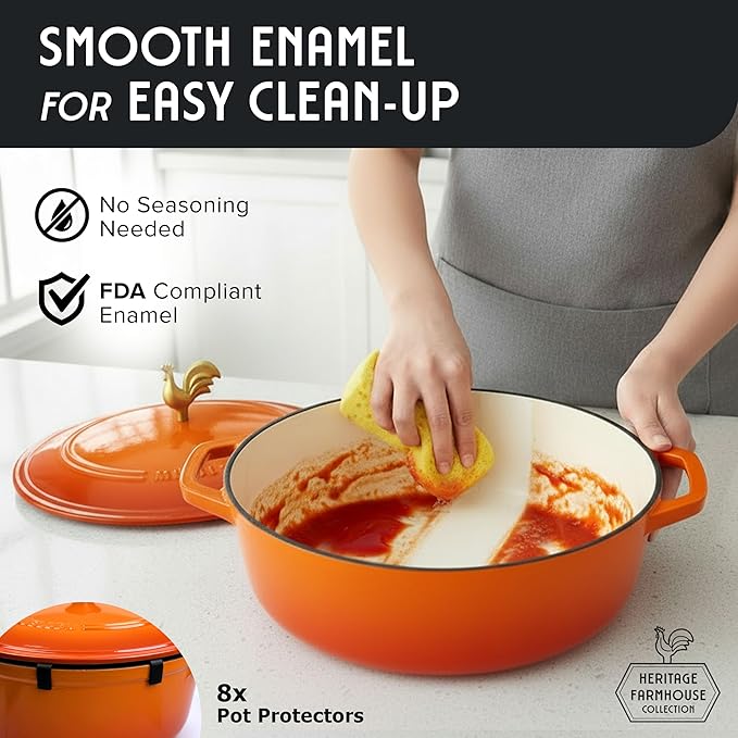 MUELLER HOME 5.5 Quart Enameled Cast Iron Oval Dutch Oven w Rooster Knob & Cotton Potholders, Heavy-Duty Cookware, Oven-Safe up to 500째 F & Across All Cooktops, Gifts for Grandma & Women, Orange