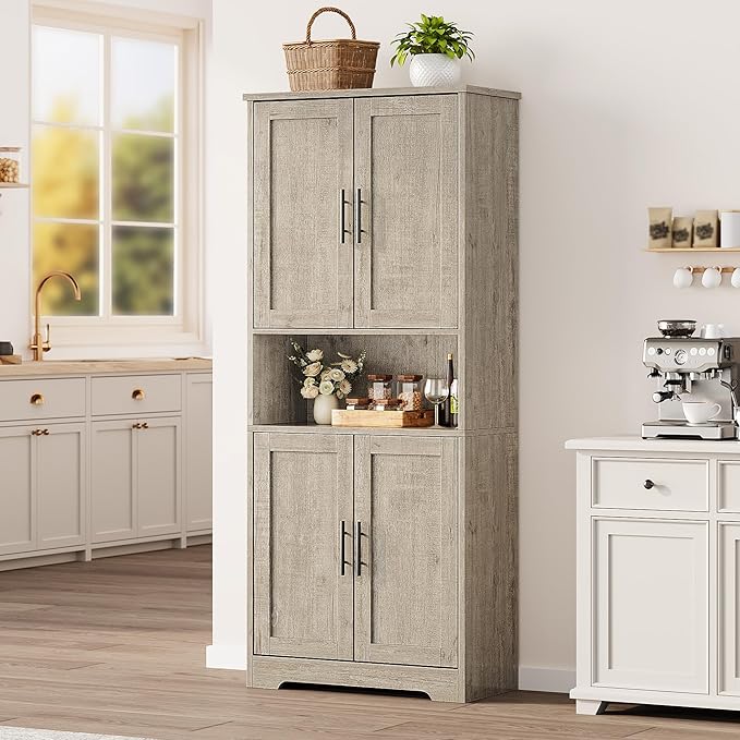70" Tall White Pantry Cabinet with Doors, Freestanding Storage Cabinet with Adjustable Shelves for Kitchen, Dining Room, Bathroom, Living Room,Gray