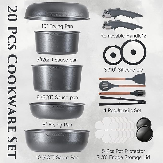 JEETEE 20pcs Titanium Reinforced Pots and Pans Set Non Stick, Nonstick Cookware Set with Detachable Handle, Induction Kitchen Cookware Sets Removable Handles, RV Cooking Set, Oven/Dishwasher Safe