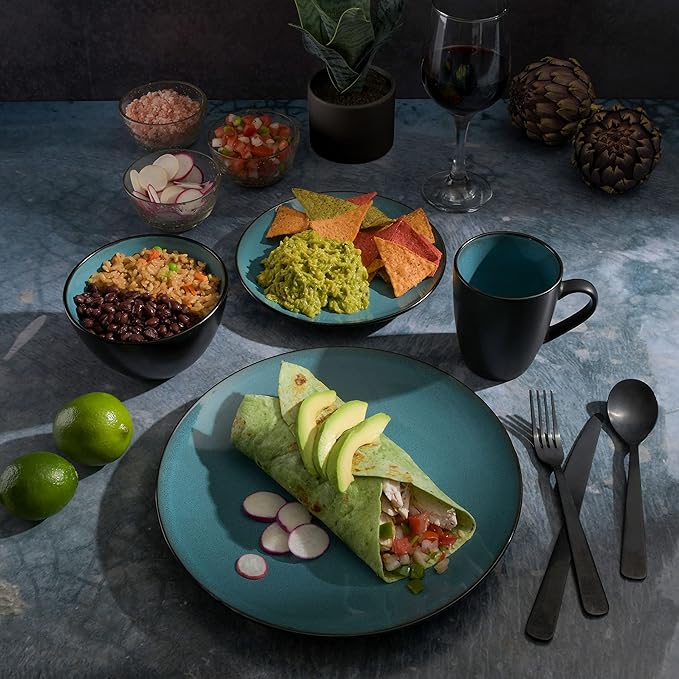 Gibson Elite Soho Lounge 16-Piece Round Reactive Glaze Stoneware Dinnerware Set, Service for 4 ??Teal Plates and Bowls