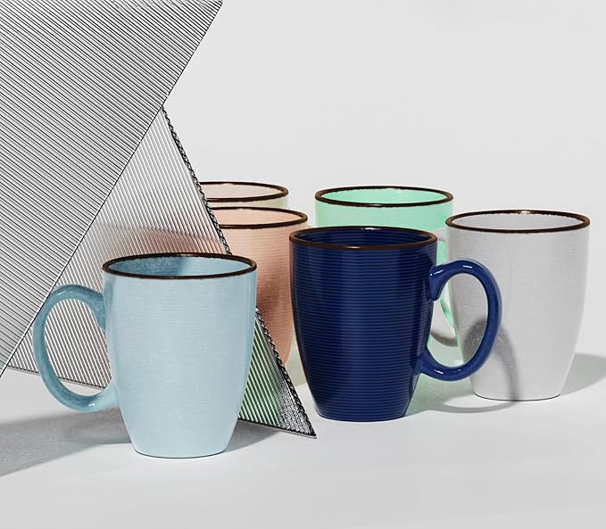 Francois et Mimi Set of 6 12oz Designer Ribbed Style Colorful Ceramic Coffee Mugs, Coffee Cups Gift Set for Coffee, Tea, Cocoa and More. Dishwasher and Microwave Safe.