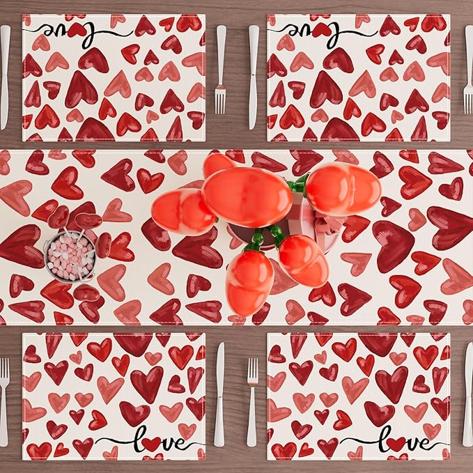 XCHI Watercolor Red Love Hearts Valentine?셲 Day Placemats Set of 6 Table Mats for Party Home Kitchen Dining Table Decorations 12x18 Inch