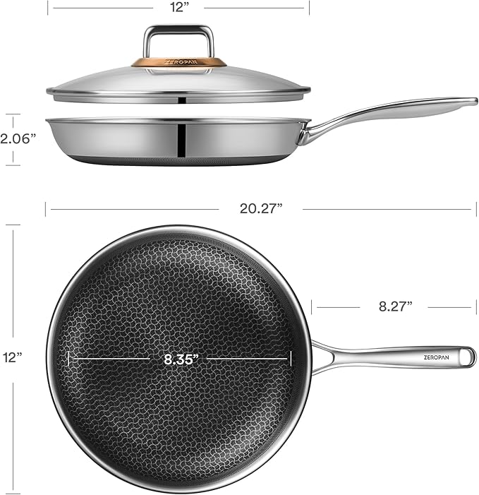 Hybrid Nonstick 12-Inch Frying Pan with Lid,Non stick Frying Pan,PFAS PFOA PTFE Free,Stay-Cool Handle, Dishwasher-Friendly, Oven-Safe Up to 600째F, Induction Ready, Compatible with All Cooktops
