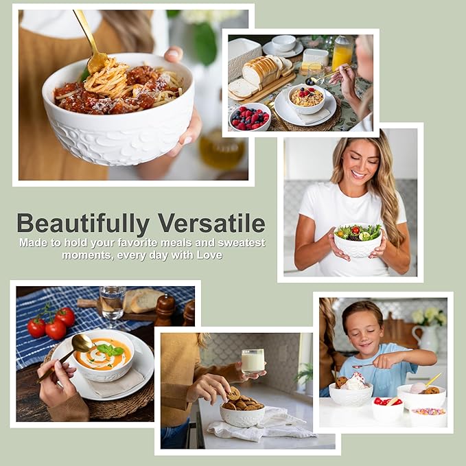 Ceramic Bowls for Kitchen with Nature-Inspired Engravings - Versatile Ramen Bowl Set for Pho, Chili, Oatmeal, Cereal, Rice, Fruit, Soup - Dishwasher, Microwave, Oven, Freezer Safe - 22 Oz, Set of 4