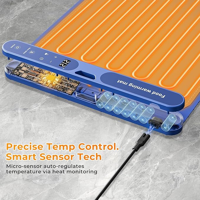 Warming Mat for Food Extra Large 32"x15", Electric Silicone Food Warmer Trays for Chafing Dishes & Buffet,Portable Countertop Food Warmers for Parties, 7-Level Temp 8-Hour Timer竊?Blue