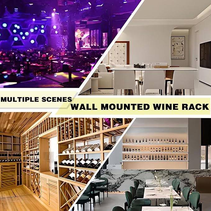 Wine Rack Wall Mounted with LED Lights, 3 Tier Metal Liquor Floating Display Shelves, with Wine Glass Rack, Iron & Wood Industrial Wall Wine Rack, for Bar, Kitchen, Cafe (Black, 55.1in)