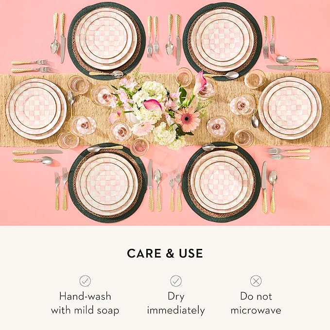 MACKENZIE-CHILDS Enamel Dinner Plate, Decorative Dinnerware Plate, 10 Inches, Set of 4, Pink-and-White Rosy Check