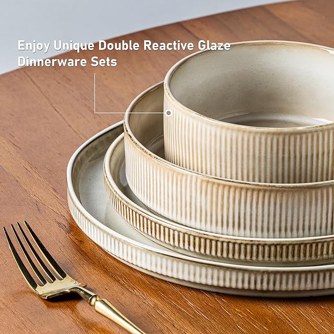 GBHOME Stoneware Dinnerware Sets for 6,Round Reactive Glaze Ceramic Plates and Bowls Set,Highly Scratch Resistant | Dishwasher & Microwave Safe Dishes Set,Service for 6(18Pcs)竊똂appuccino