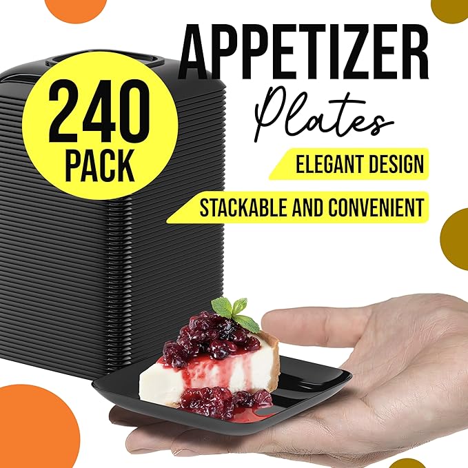 Exquisite Tiny Mini Disposable Appetizer Plates - 240 Pack 2.4 In. x 2.4 In. Black Plastic Wedding Plates - Small, BPA Free