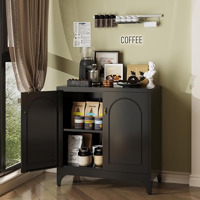 Coffee Bar Cabinet,Metal Kitchen Storage Cabinet,Buffet Cabinet with Storage and Adjustable Shelf,Black Sideboard Buffet Cabinets for Dining Room