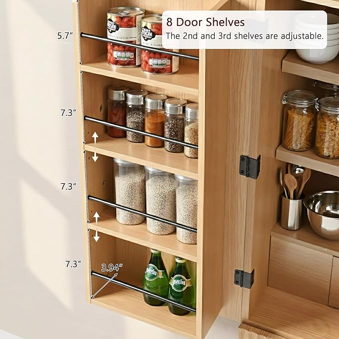 Ball & Cast 72?쿟all Arched Kitchen Pantry Cabinet with 8 Door Shelves & Drawers,Versatile Farmhouse Fluted Pantry Storage Cabinet w/ 3 Adjustable Shelves for Kitchen,Dining Room,Natural
