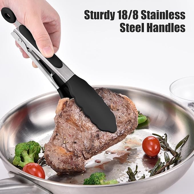 Doosu Kitchen Tongs for Cooking - 600째F Heat Resistant Food Tong with Non-Scratch Silicone Tips, Heavy Duty Stainless Steel Locking Tong for BBQ, Grilling Steak, Serving Salad, Pasta (7in, Black)