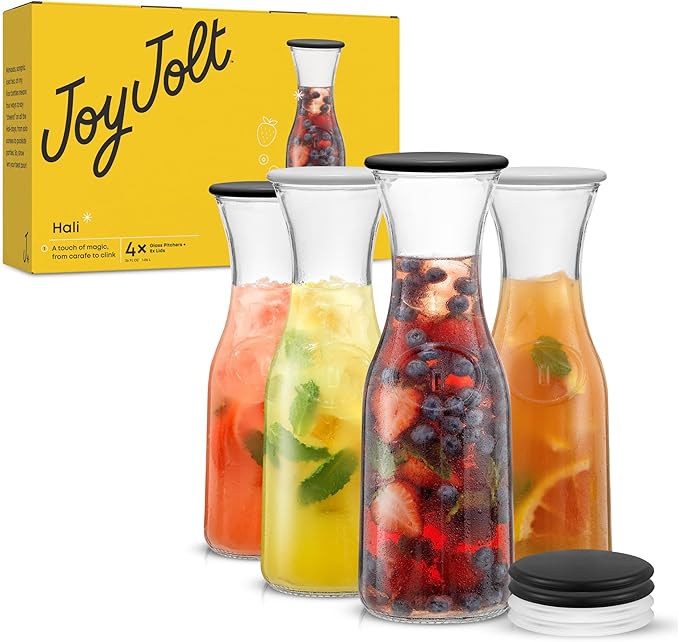JoyJolt Glass Carafe with Lid, Set of 4 ??1 Liter Glass Pitcher for Mimosa Bar, Water, Iced Tea, Juice, Wine, Lemonade, Milk ??Dishwasher Safe Beverage Drink Dispensers for Brunch, Parties