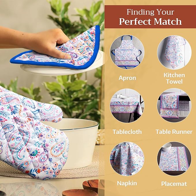 Maison d' Hermine Pot Holders Set 100% Cotton Heat Resistant Potholders 8" x 8" Hot Pads with Loop BBQ, Cooking, Baking, Grilling, Kitchen, Handling Hot Pans Spring/Summer (Pack of 2, Indian Floral)