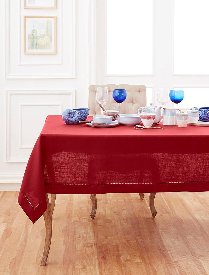 Solino Home Red Linen Tablecloth 60 x 132 Inch - 100% Pure Linen Hemstitch Table Cloth for Rectangle Tables - Classic Hemstitch, Machine Washable Tablecloth for Valentines, Winter