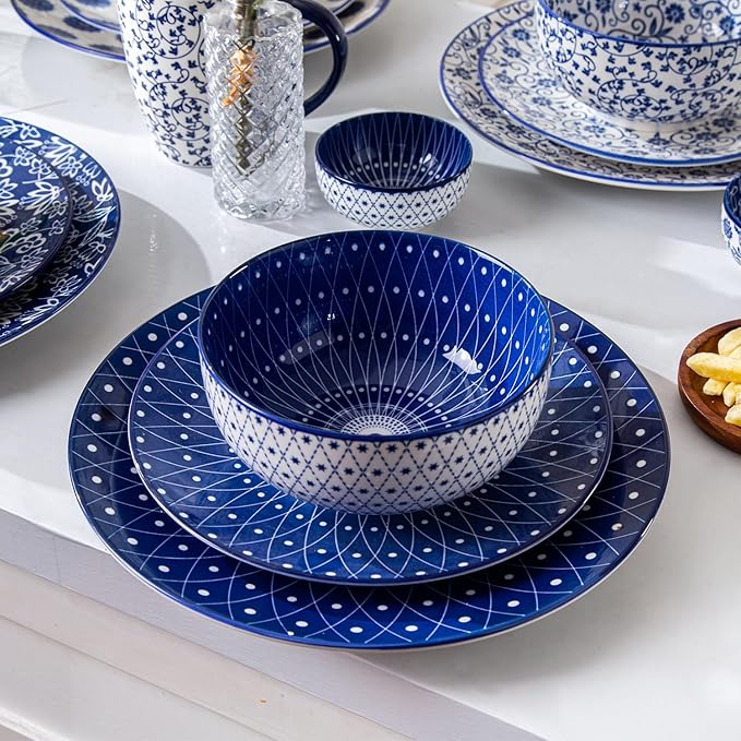 Cerkik Ceramic Soup Bowls Set - 23 Oz Deep Cereal Bowl for kitchen - 6 Inch Porcelain Salad Bowl for Pasta, Dessert, Ramen - Microwave Dishwasher Safe - Set of 6 - Vintage Blue