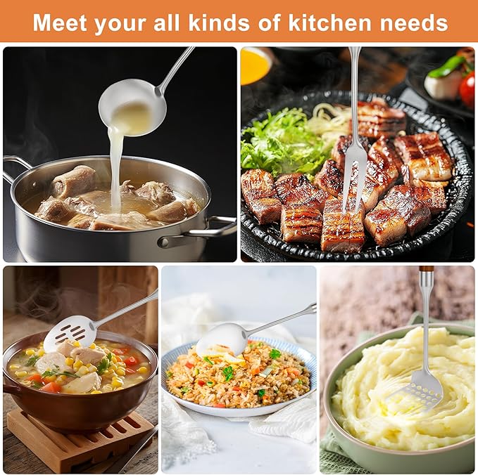 18 10 Stainless Steel Kitchen Utensils Set with Wood Handle,10PCS Metal Cooking Utensils Set, Stainless Steel Cooking Utensils Sets Heat Resistant Wok Tools(12-15in)