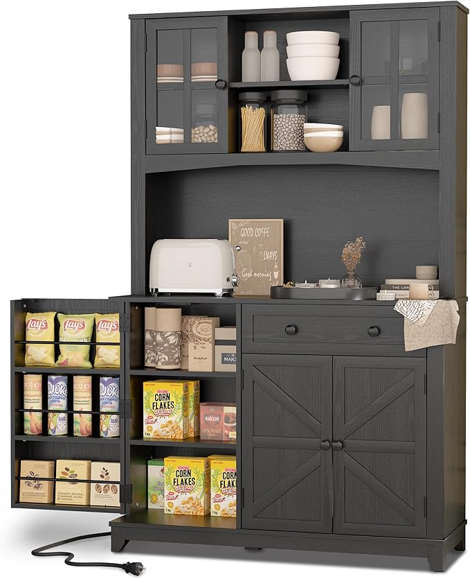 68" Pantry Cabinet with Charging Station, Kitchen Pantry Storage Cabinet with Microwave Stand, Kitchen Hutch Cabinet with Storage Drawers, Food Pantry Cabinets with Countertop for Dining Room(Black)