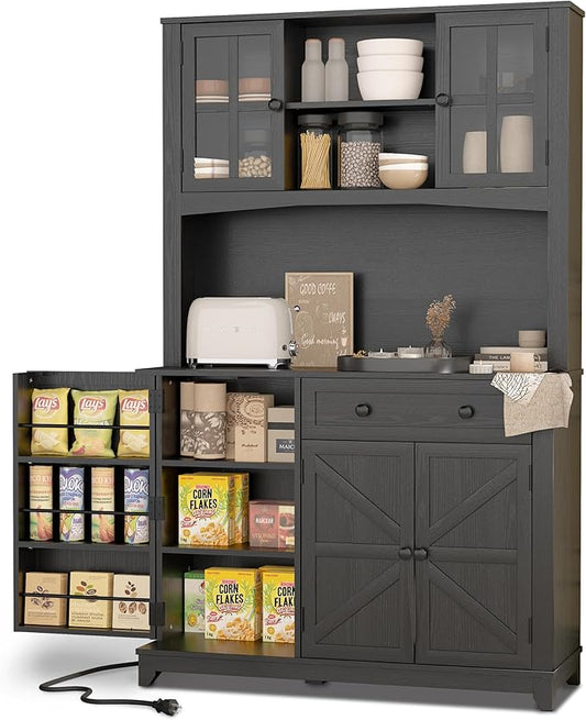 68" Pantry Cabinet with Charging Station, Kitchen Pantry Storage Cabinet with Microwave Stand, Kitchen Hutch Cabinet with Storage Drawers, Food Pantry Cabinets with Countertop for Dining Room(Black)
