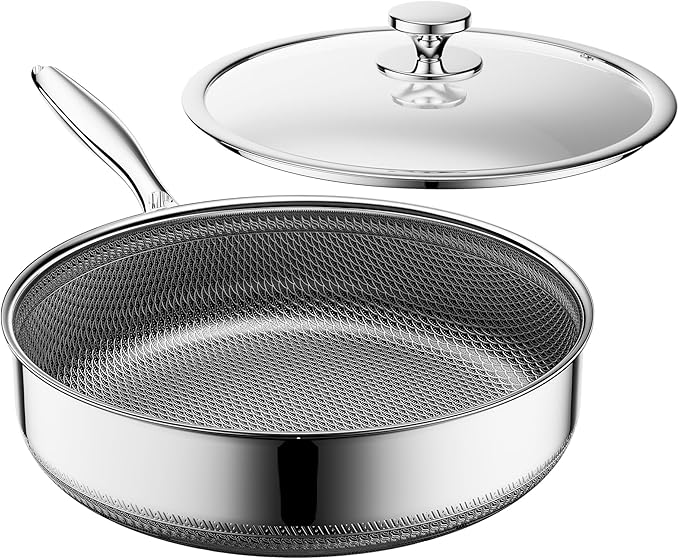 Frying Pans Nonstick with Lid,Hybrid Nonstick 5-Quart Deep Saut챕 Pan,PFAS PFOA PTFE Free,Stay-Cool Handle,12 Inch Deep Frying Pan Dishwasher-Friendly, Oven-Safe, Compatible with All Cooktops