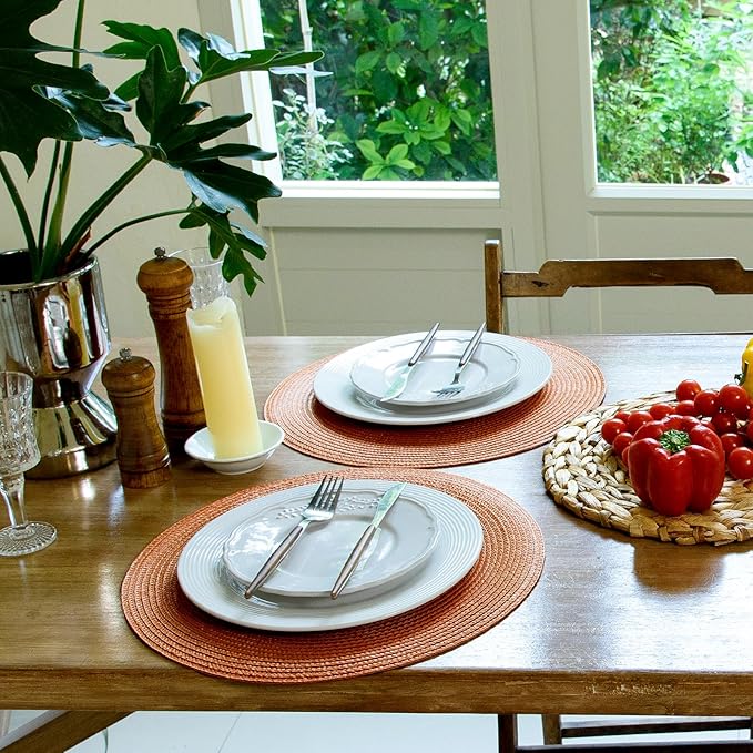 FunWheat Round Braided Placemats Set of 6 Table Mats for Dining Tables Woven Washable Non-Slip Place mats 15 Inch(Pumpkin Orange)