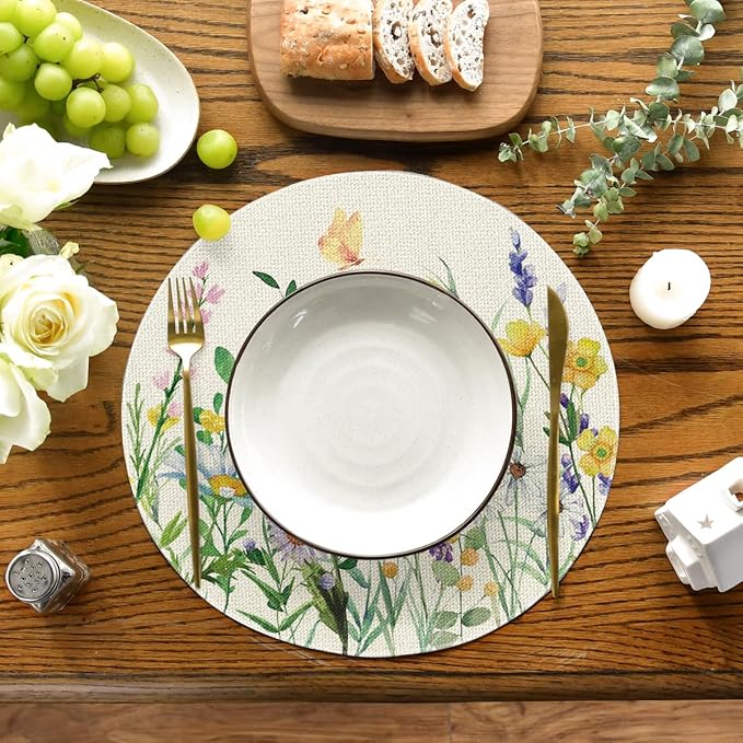 Artoid Mode Daisy Eucalyptus Lavender Floral Leaves Round Spring Placemats Set of 4, 14 Inch Summer Round Table Mats for Dining Decoration