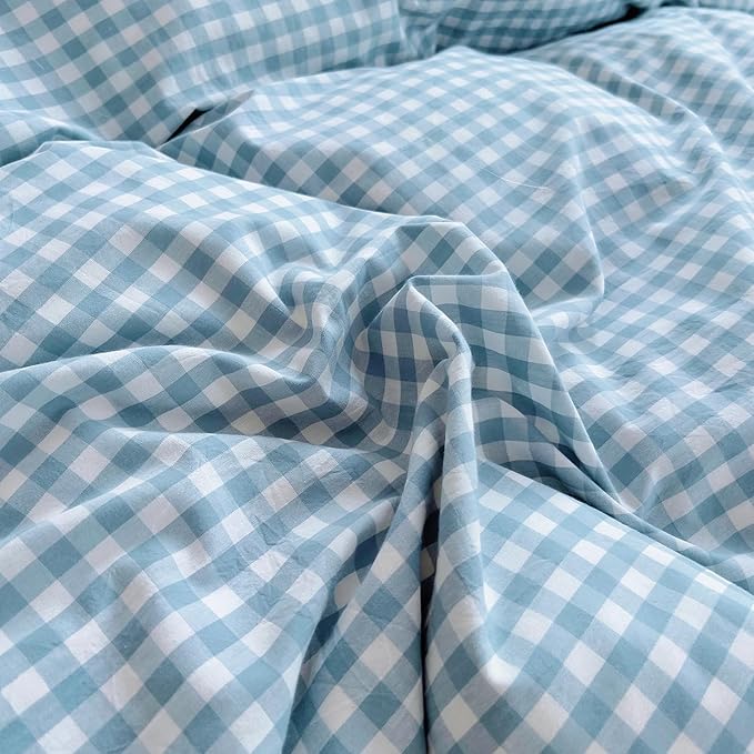 LifeTB Blue Gingham Comforter Set King 3 Pieces Ruffle Plaid Checkered Pattern Comforter Chic Gingham Bedding Set Fluffy Soft Grid Plaid Bedding Comforter Farmhouse Checkered Comforter Set King