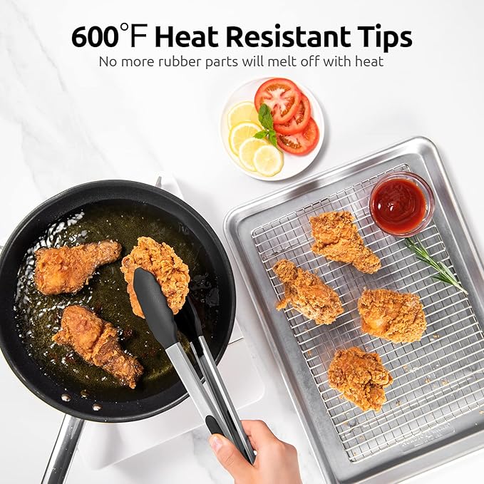 600쨘F Heat Resistant Kitchen Tongs: U-Taste 9+12 inch Silicone Cooking Tong Set with Firm Sealed Non Stick Rubber Tips and Silicon Coated 18/8 Stainless Steel Handle for Serving Grilling Salad (Black)