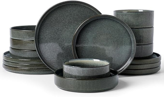 Famiware Star Stoneware Dinnerware Sets for 4 (16pcs), Chip and Scratch Resistant, Microwave & Dishwasher Safe Complete Dishes, Pasta Bowl, Cereal Bowl, Dinner Plate, Salad Plate, Ribbed, Deep Forest