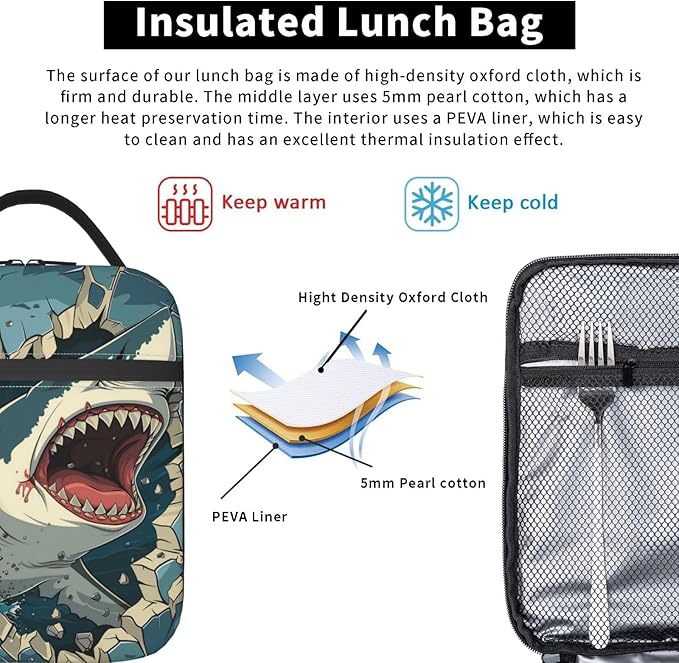 VANZEV Insulated Lunch Box for Women Men, Shark Theme Lunch Box Reusable Portable Lunch Bag Cooler Tote Waterproof Lunch Container for Office Picnic Work Travel